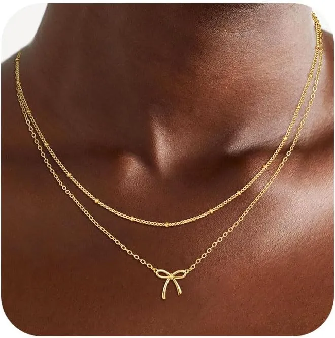 Gold/Silver Necklace for Women,Bow Necklace 14K Gold Plated Layered Dainty Bow Pendant Choker Chain Cute Bowknot Necklace Trendy Jewelry for Women
