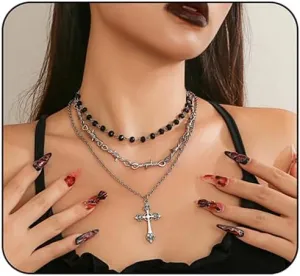 Gothic Layered Cross Necklace,Vintage Gothic Blooddrip Tasell Necklace Punk Style Black Bead Thorn Cross Choker Hip Hop Multi-layer Necklace Jewelry for Women