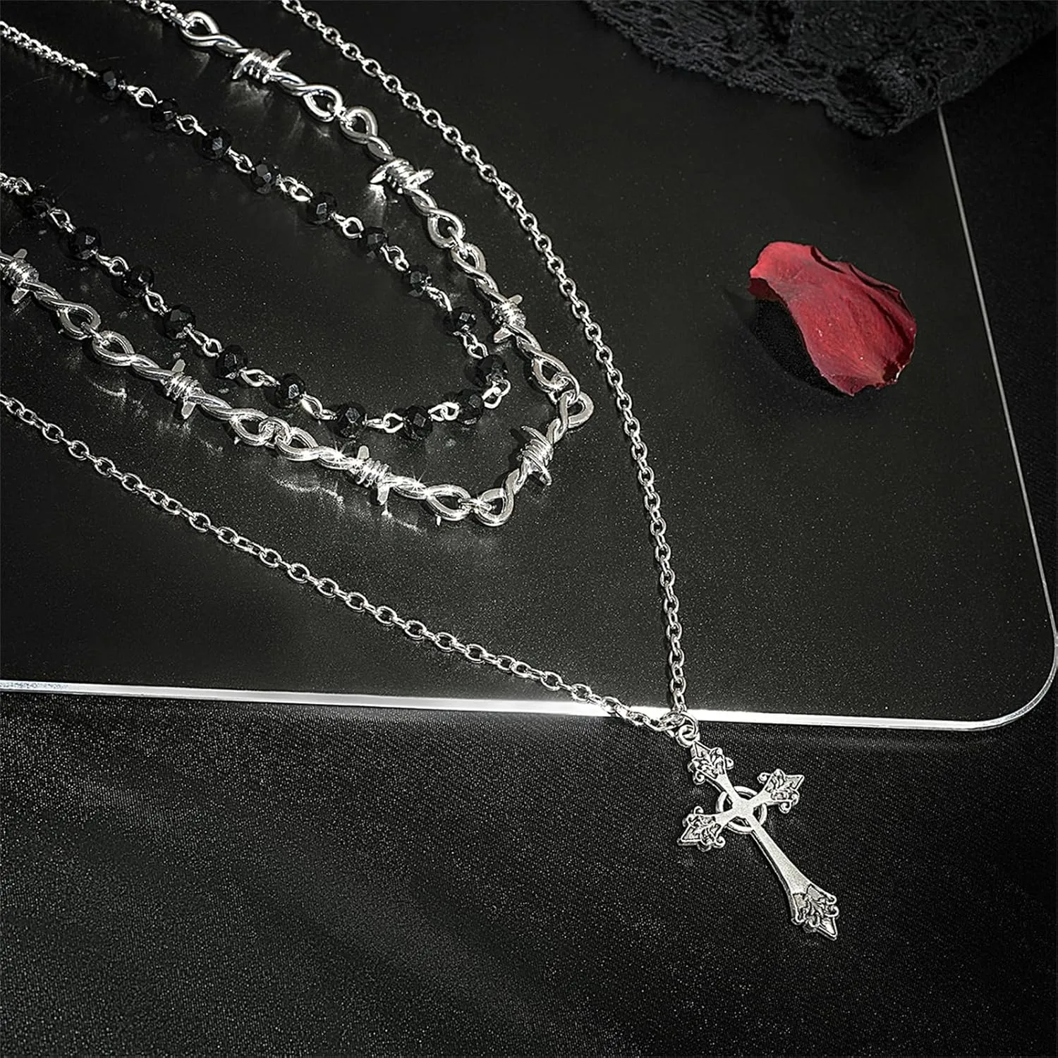 Gothic Layered Cross Necklace,Vintage Gothic Blooddrip Tasell Necklace Punk Style Black Bead Thorn Cross Choker Hip Hop Multi-layer Necklace Jewelry for Women