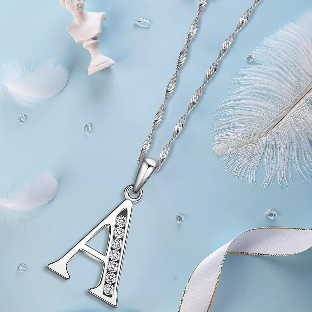 Graduation Gifts Initial Necklace S925 Sterling Silver Jewelry Cubic Zirconia Letter Alphabet Phase Pendant Necklace Mother Day for Mom Women Ladies Teen 18" Chain