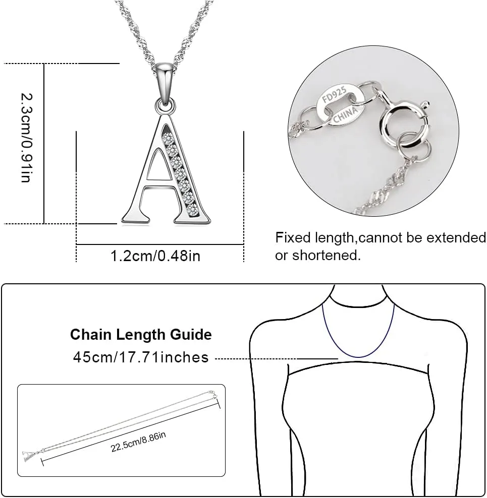 Graduation Gifts Initial Necklace S925 Sterling Silver Jewelry Cubic Zirconia Letter Alphabet Phase Pendant Necklace Mother Day for Mom Women Ladies Teen 18" Chain