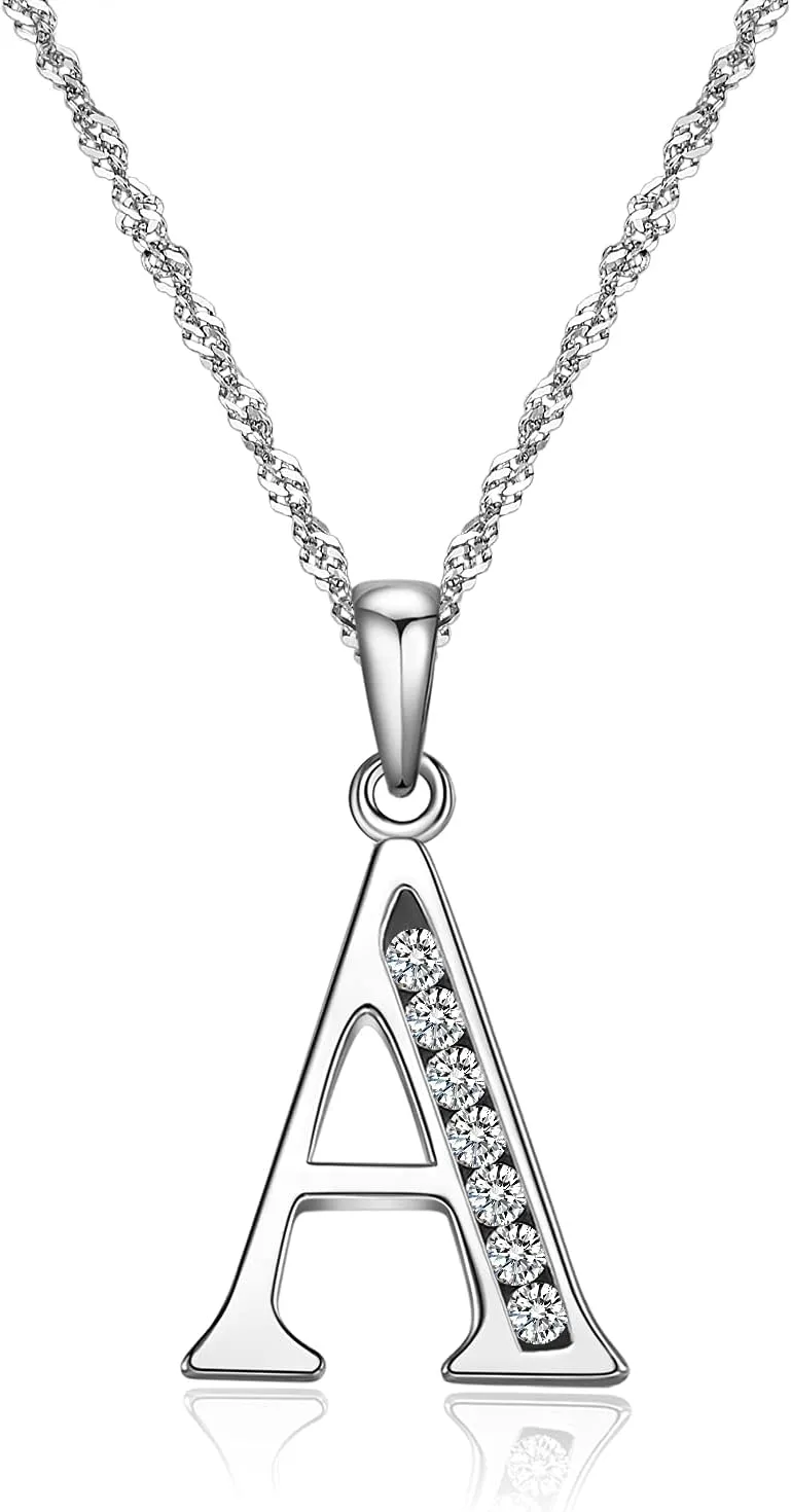 Graduation Gifts Initial Necklace S925 Sterling Silver Jewelry Cubic Zirconia Letter Alphabet Phase Pendant Necklace Mother Day for Mom Women Ladies Teen 18" Chain