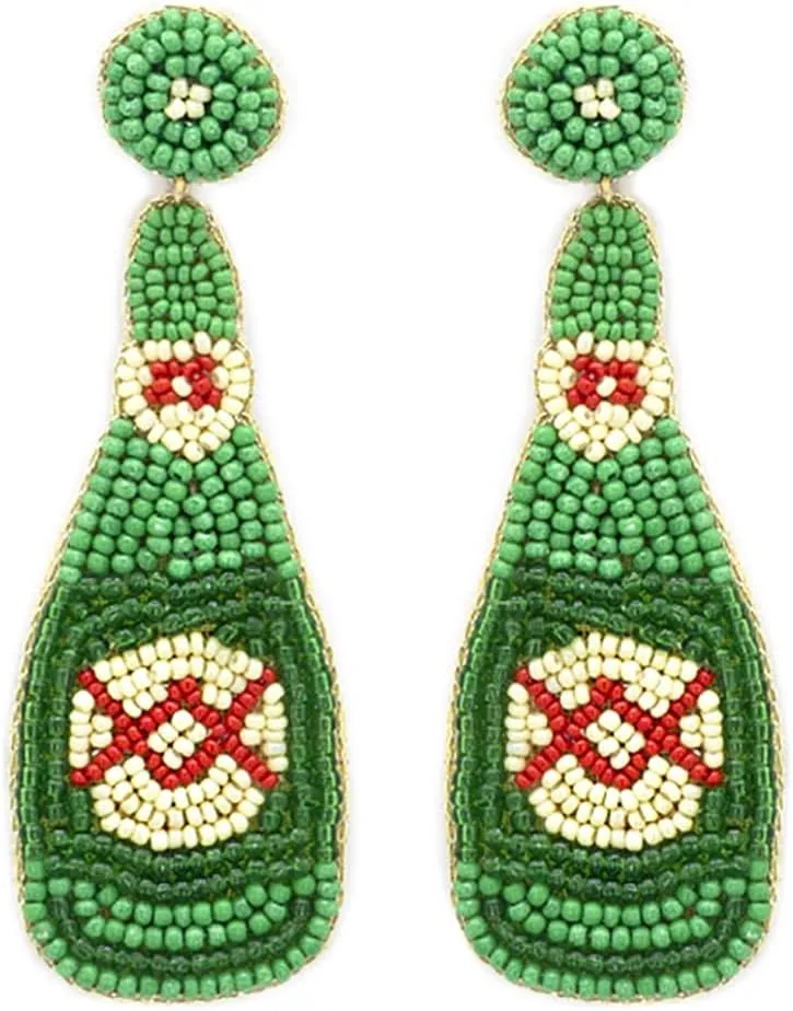 Green Beaded Beer Post Earrings Handmade Dos Beer Earrings