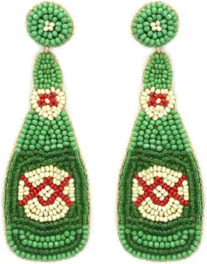 Green Beaded Beer Post Earrings Handmade Dos Beer Earrings