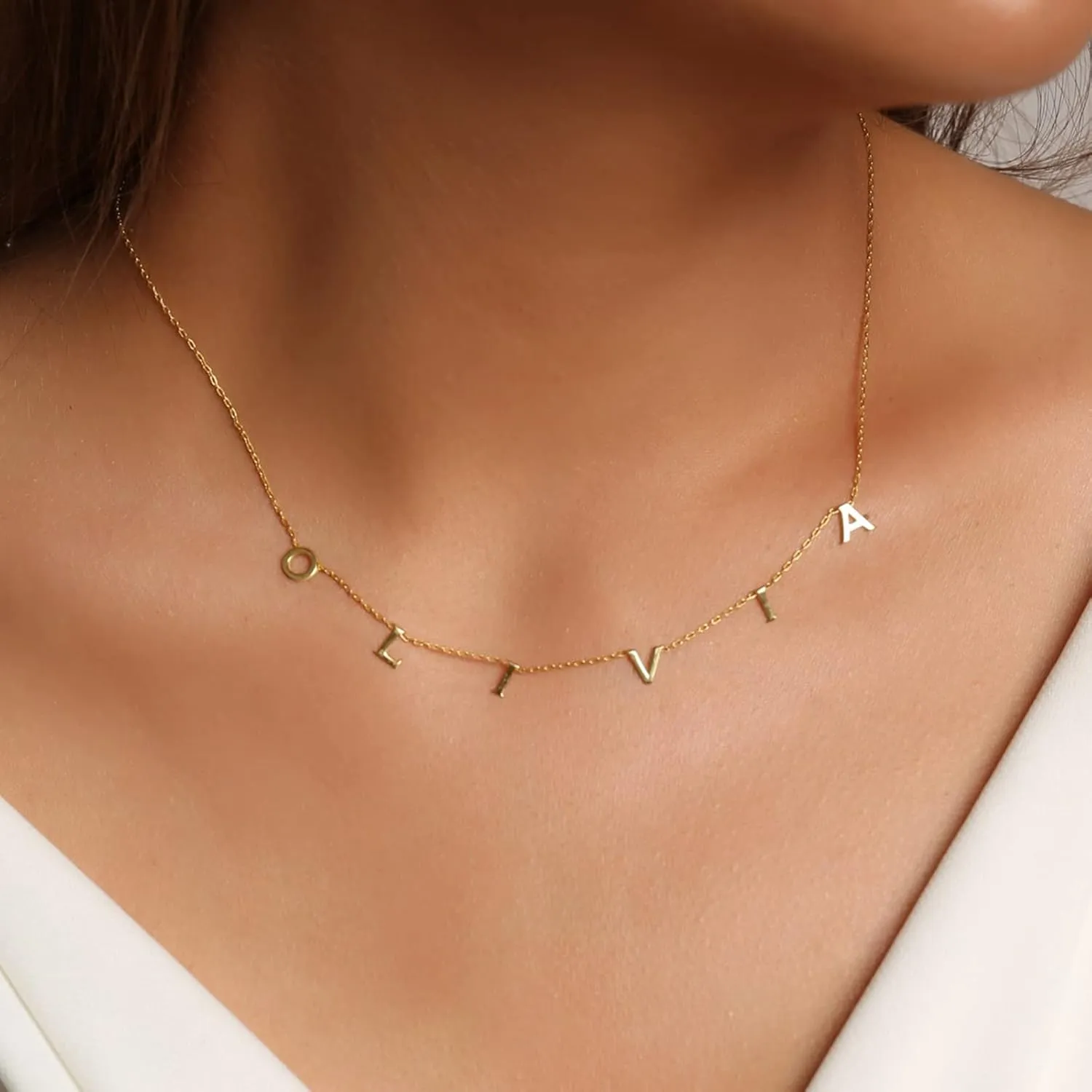 Handmade Initial Necklace for Women, 18K Gold Plated Name Necklace with Cubic Zirconia Spaced Letter Pendant Charm Jewelry Gift for Women, Girls