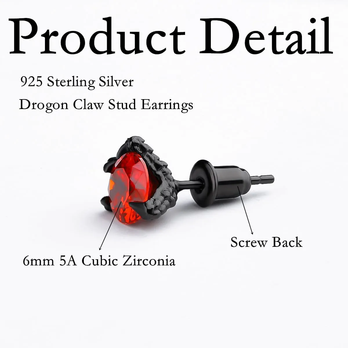 Hopply S925 Sterlings Silver Dragon Claw Stud Earrings,Hypoallergenic Cubic Zirconia Screw Back Mens Earrings Jewelry for Women