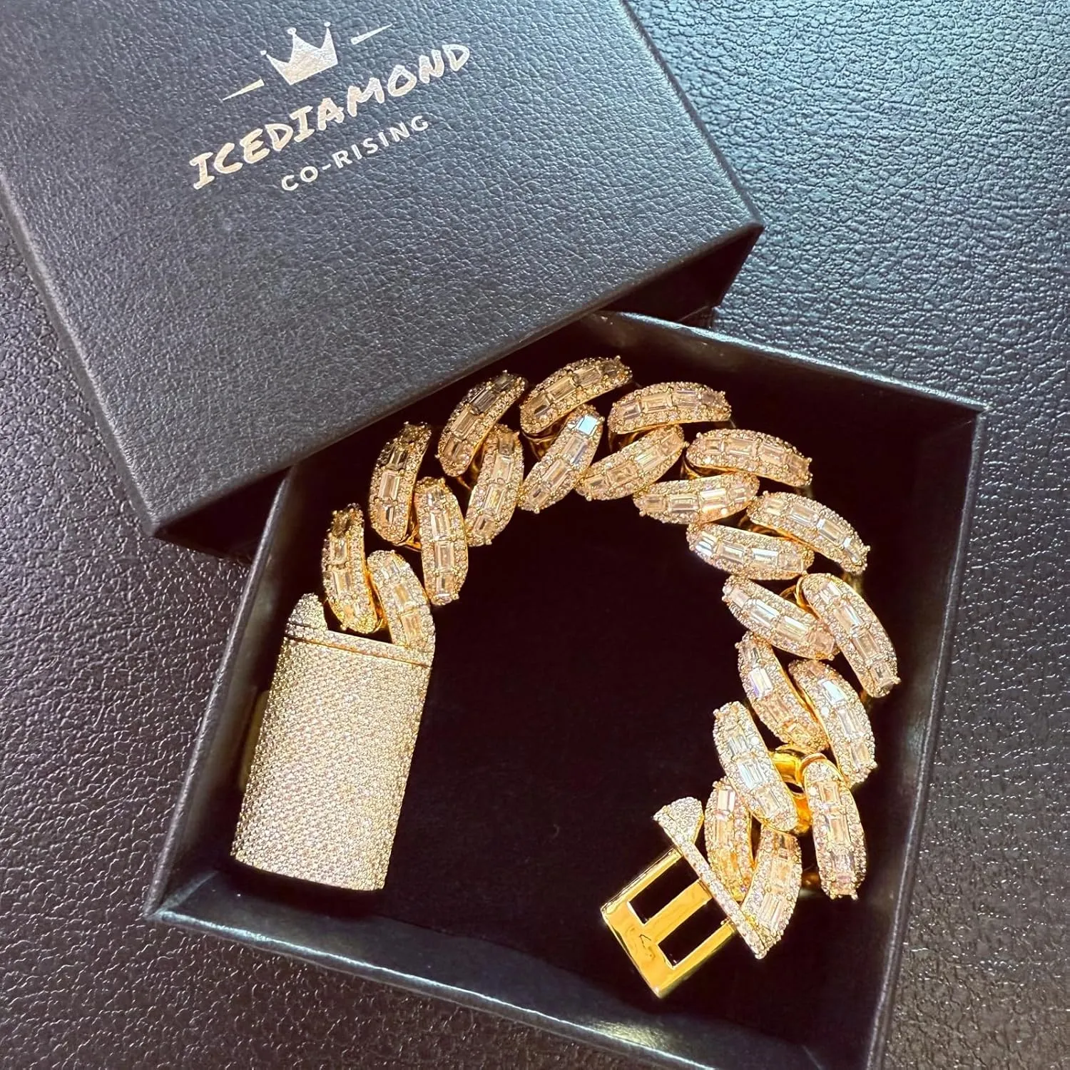 ICEDIAMOND 18K 25MM Luxury Brilliant Baguette CZ Diamond Bubble Cuban Chain Necklace, Gold Plated Iced Out Micro Pave 5A Zirconia Hip Hop Jewelry for Men