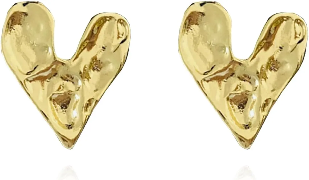 Irregular Hammered Heart Chunky Gold Stud Earrings for Women Jewelry