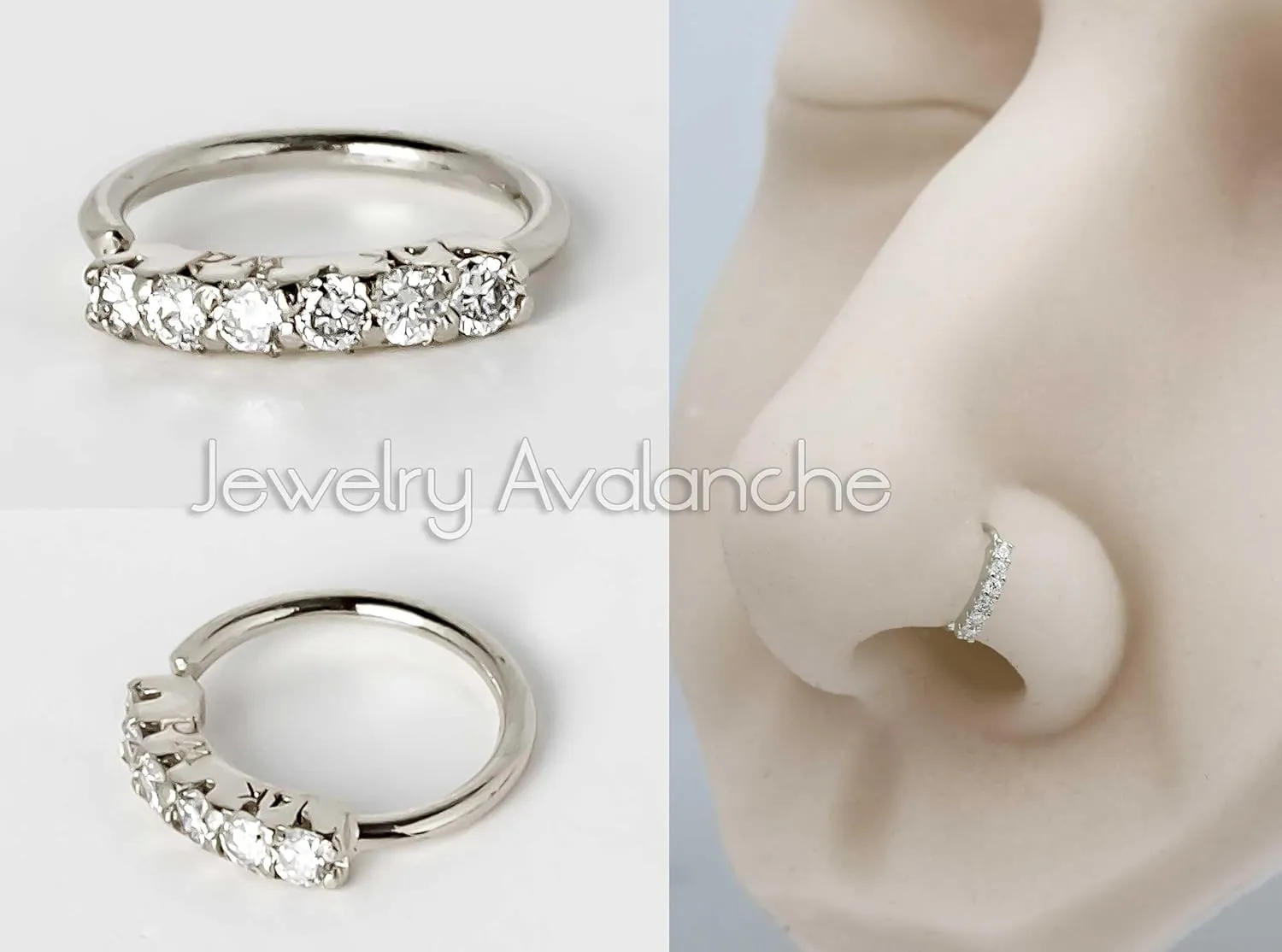 Jewelry Avalanche 6-stone Diamond Nose Hoop, Solid 14K Gold Nose Ring, 20G, 6mm Diameter