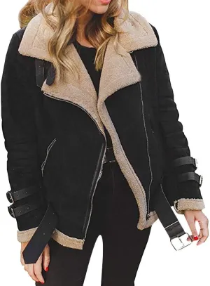 JOFOW Womens Suede Jackets Parka Lapel Fleece Collar Belted Flannel Lined Warm Loose Fashion Coats Plus Size XXL