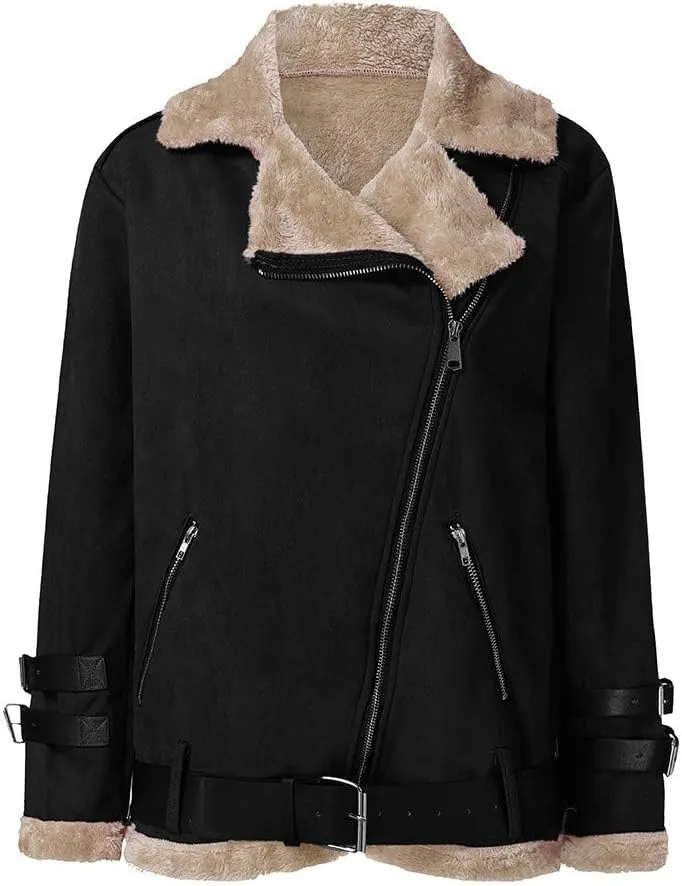 JOFOW Womens Suede Jackets Parka Lapel Fleece Collar Belted Flannel Lined Warm Loose Fashion Coats Plus Size XXL