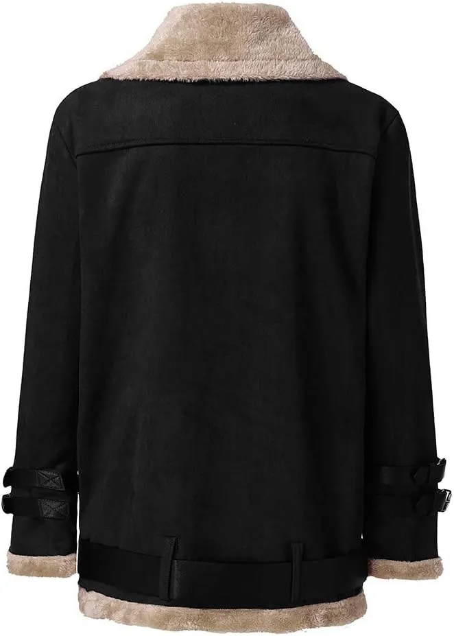 JOFOW Womens Suede Jackets Parka Lapel Fleece Collar Belted Flannel Lined Warm Loose Fashion Coats Plus Size XXL