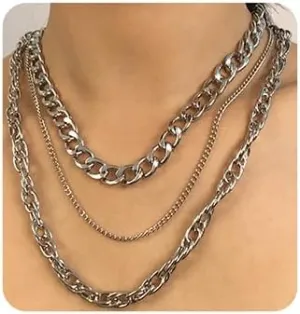 Jumwrit Dainty Layered Necklace Chunky Cuban Link Chain Choker Necklace Simple Tiny Chain Necklace 3pcs Necklace Set Punk Thick Necklace Accessories for Women (Silver)