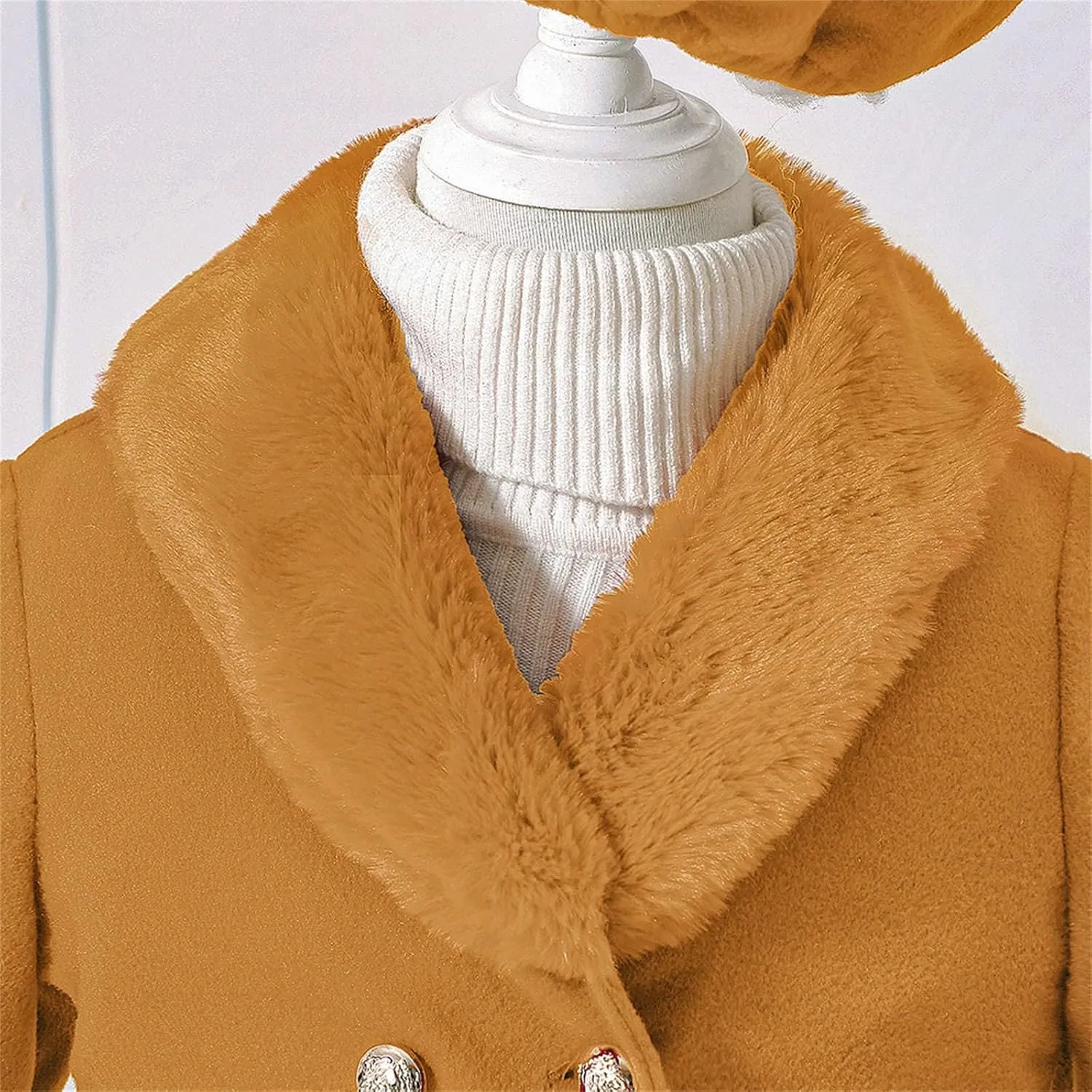 Kids Girls Trench Coat Long Sleeve Furry Collar Warm Peacoat with Beret Hat Set for Casual Wear