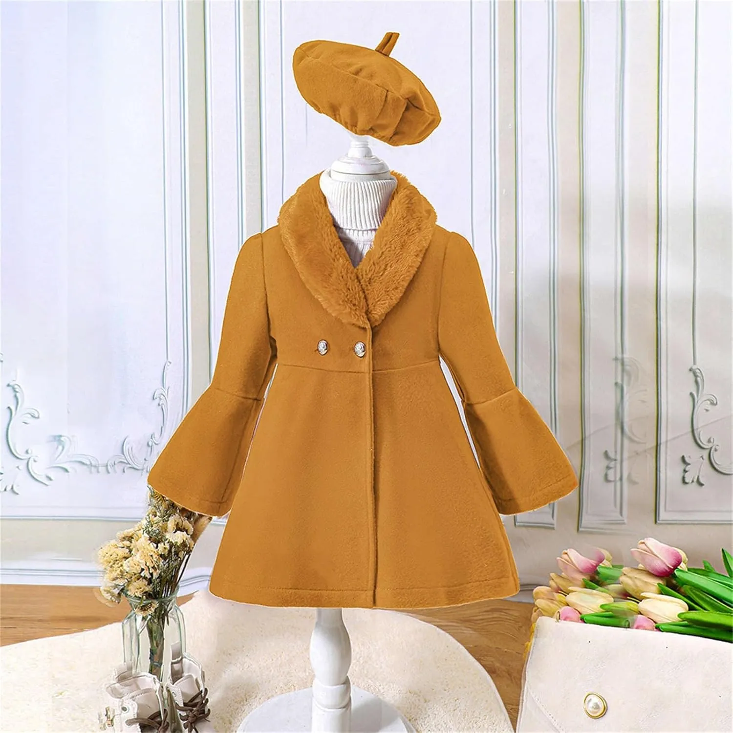 Kids Girls Trench Coat Long Sleeve Furry Collar Warm Peacoat with Beret Hat Set for Casual Wear