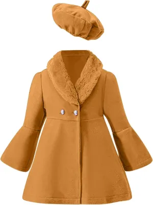 Kids Girls Trench Coat Long Sleeve Furry Collar Warm Peacoat with Beret Hat Set for Casual Wear