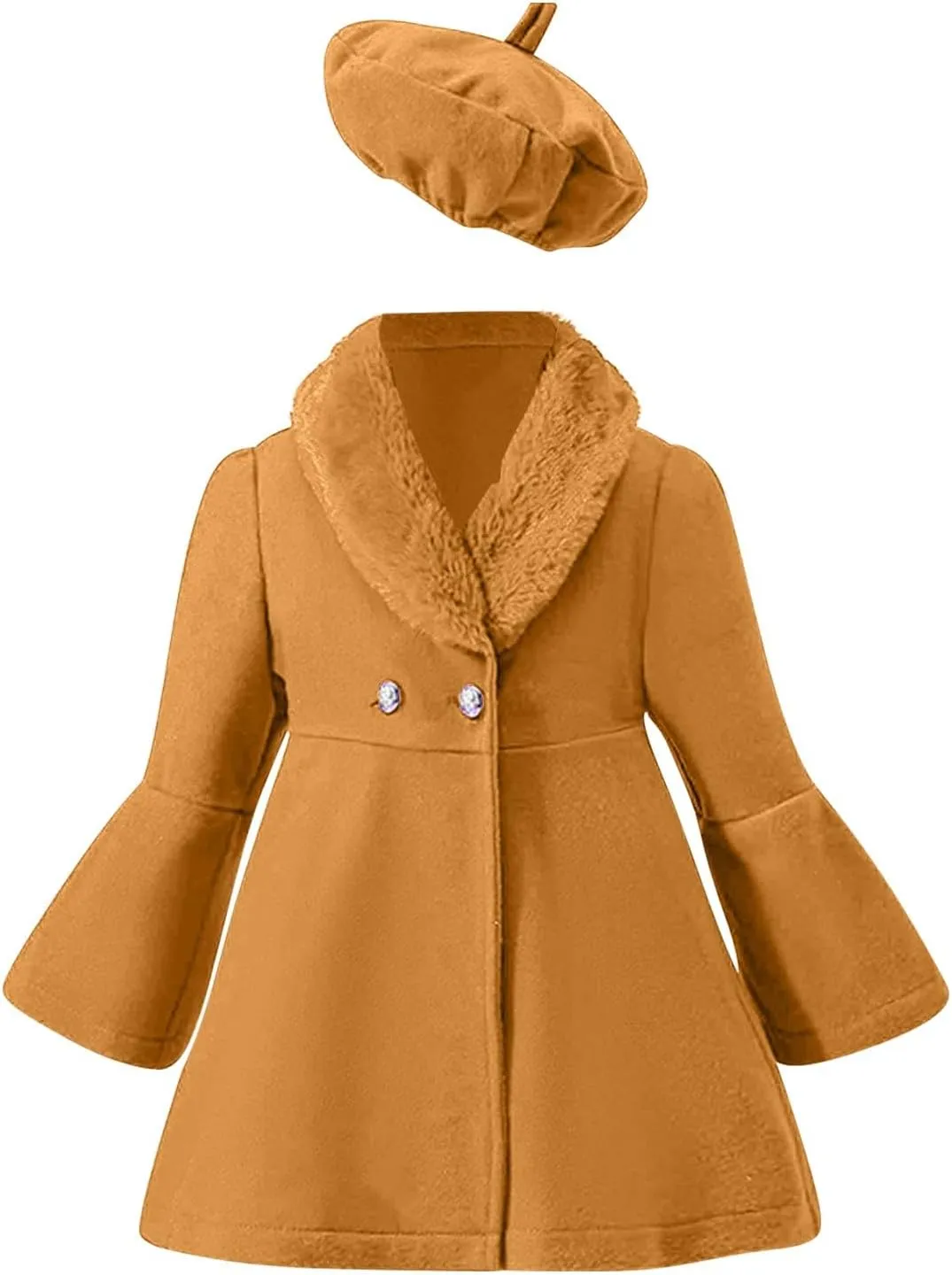 Kids Girls Trench Coat Long Sleeve Furry Collar Warm Peacoat with Beret Hat Set for Casual Wear