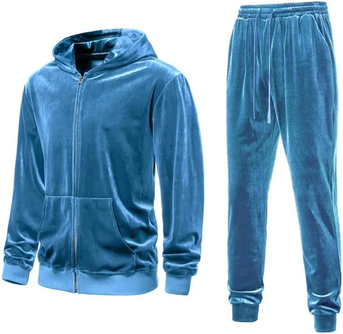 KISSQIQI Mens 2 Pieces Velour Tracksuits Velvet Outfits Sweatsuits Jogging Sport Suits Jacket Pants hooded Tracksuit