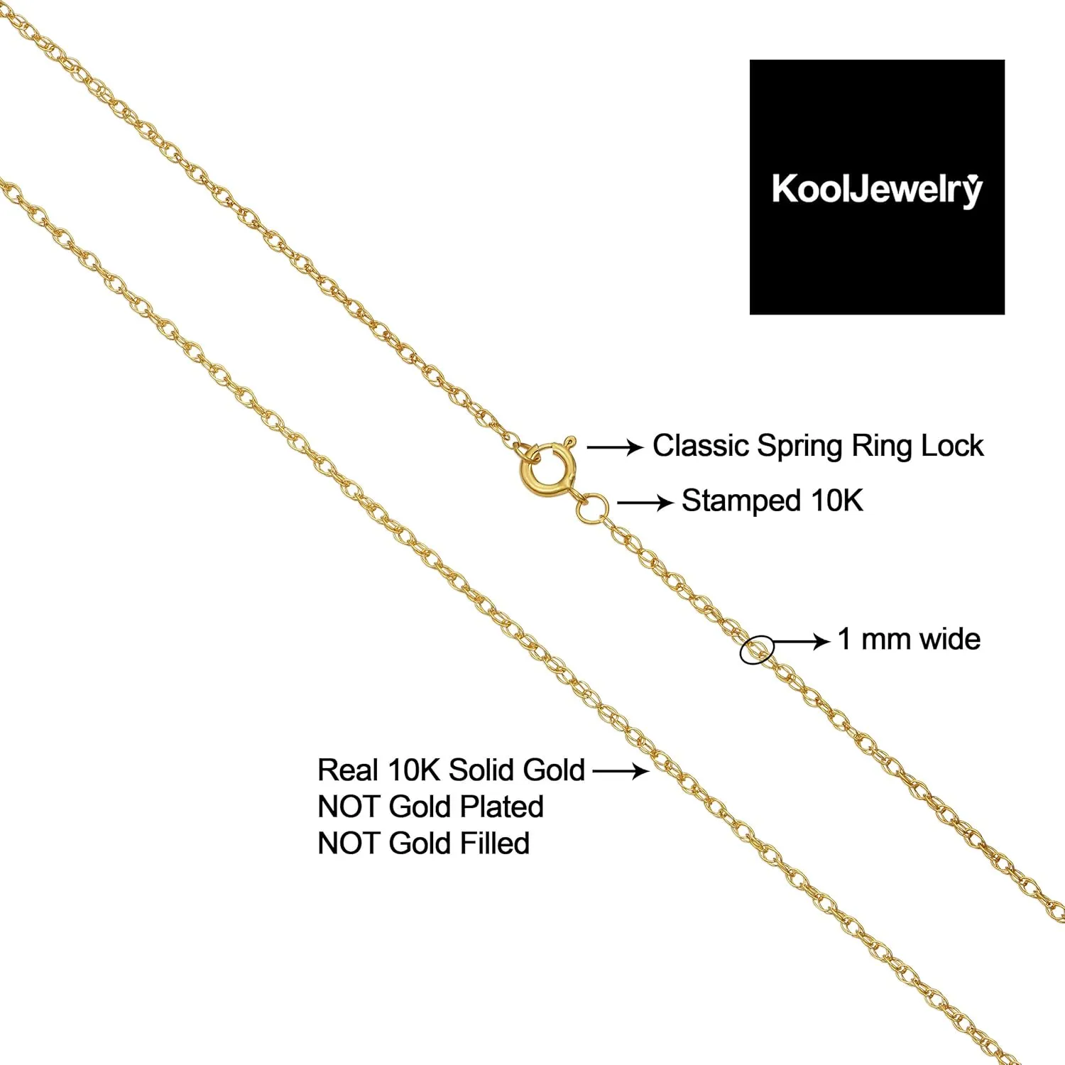 Kooljewelry 10k Yellow Gold Rope Chain Barely-There Necklace (0.7 mm, 0.9 mm, 1 mm or 1.3 mm) - Thin And Lightweight