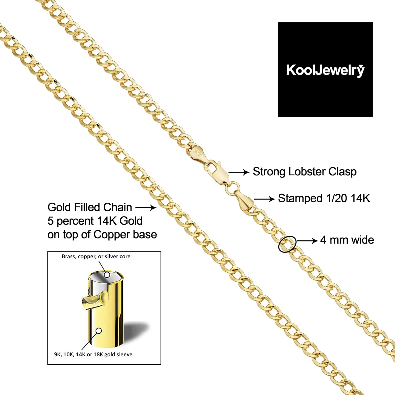 Kooljewelry Solid 14k Yellow Gold Filled Miami Cuban Curb Chain Necklace for Men and Women (3.2 mm, 4 mm, 5 mm, 6 mm, 7.4 mm or 9 mm)