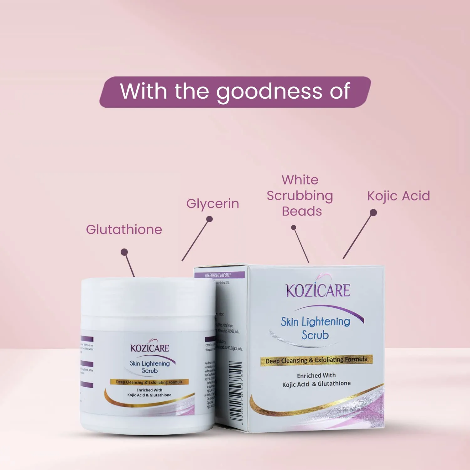 Kozicare Skin Lightening Scrub for Deep Cleansing & Exfoliating Formula | Enriched with 2% Kojic acid, 1% Glutathione| Helps in Cleaning Impurities, Cleanses Dirt, Blackheads - 100gm (Pack of 10)