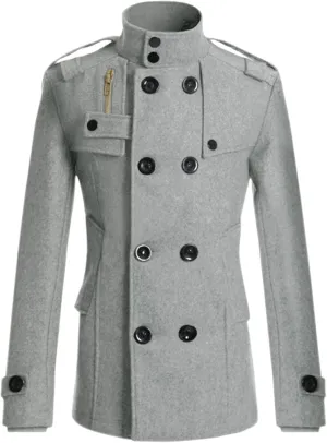 Lars Amadeus Men's Pea Coats Stand Collar Double Breasted Notch Lapel Winter Trench Coat
