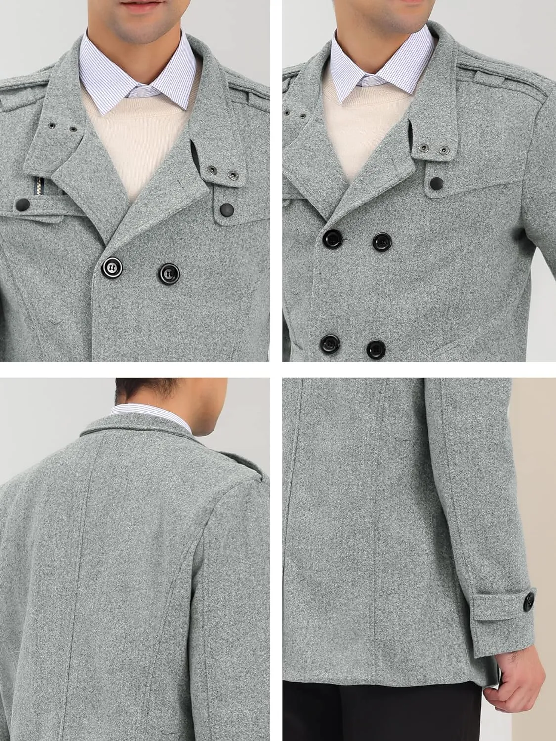Lars Amadeus Men's Pea Coats Stand Collar Double Breasted Notch Lapel Winter Trench Coat