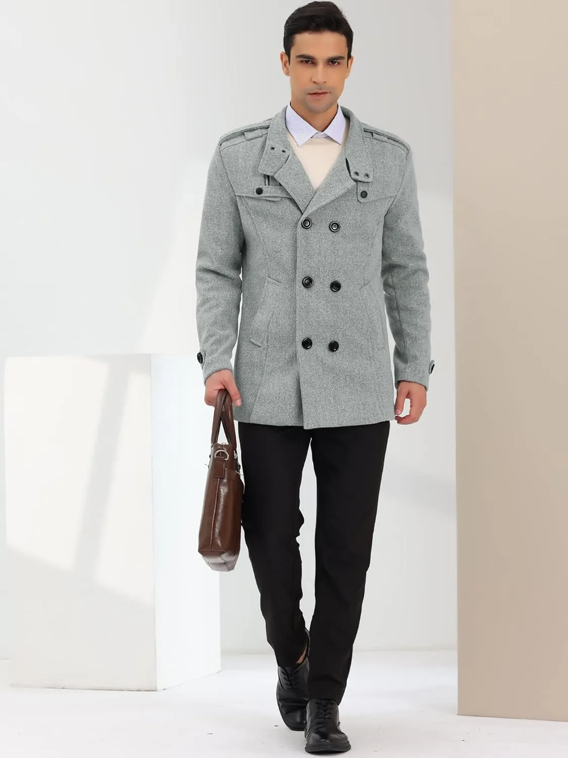 Lars Amadeus Men's Pea Coats Stand Collar Double Breasted Notch Lapel Winter Trench Coat