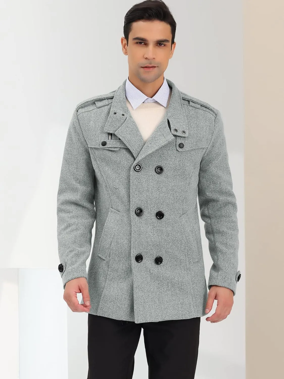 Lars Amadeus Men's Pea Coats Stand Collar Double Breasted Notch Lapel Winter Trench Coat