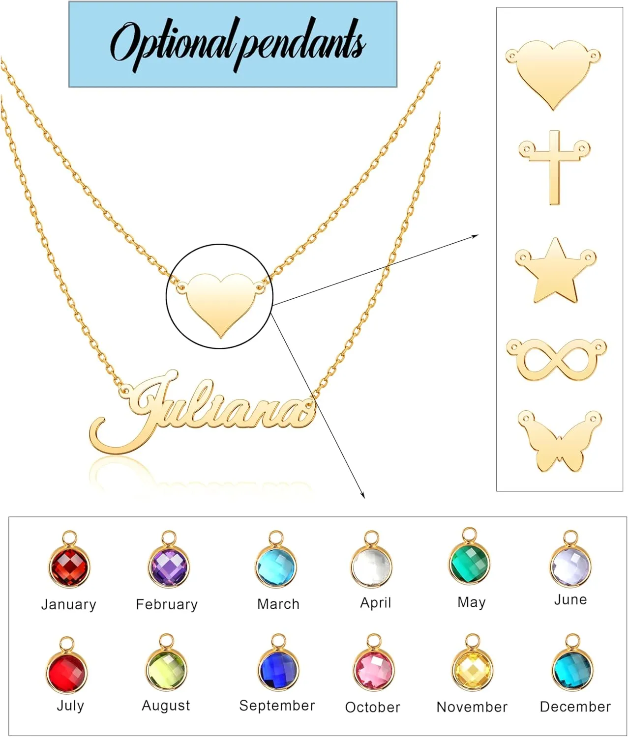 Layered Choker Name Necklace Personalized with Heart Infinity Birthstone Butterfly Cross, Custom Nameplate Pendant for Women