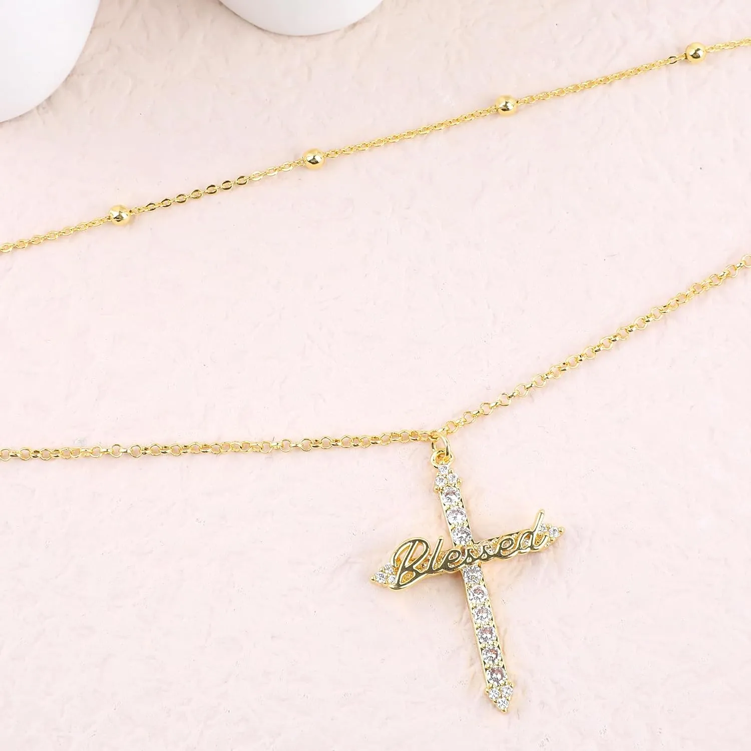 Layered Gold Charm Necklace for Women 14K Gold Plated Vintage Blessed Cross Wing Love Heart Butterfly Pendant Necklace Dainty Cubic Zirconia Cross Charm Choker Necklace Adjustable Trendy Jewelry Gift