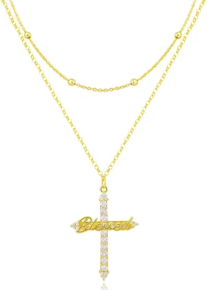 Layered Gold Charm Necklace for Women 14K Gold Plated Vintage Blessed Cross Wing Love Heart Butterfly Pendant Necklace Dainty Cubic Zirconia Cross Charm Choker Necklace Adjustable Trendy Jewelry Gift