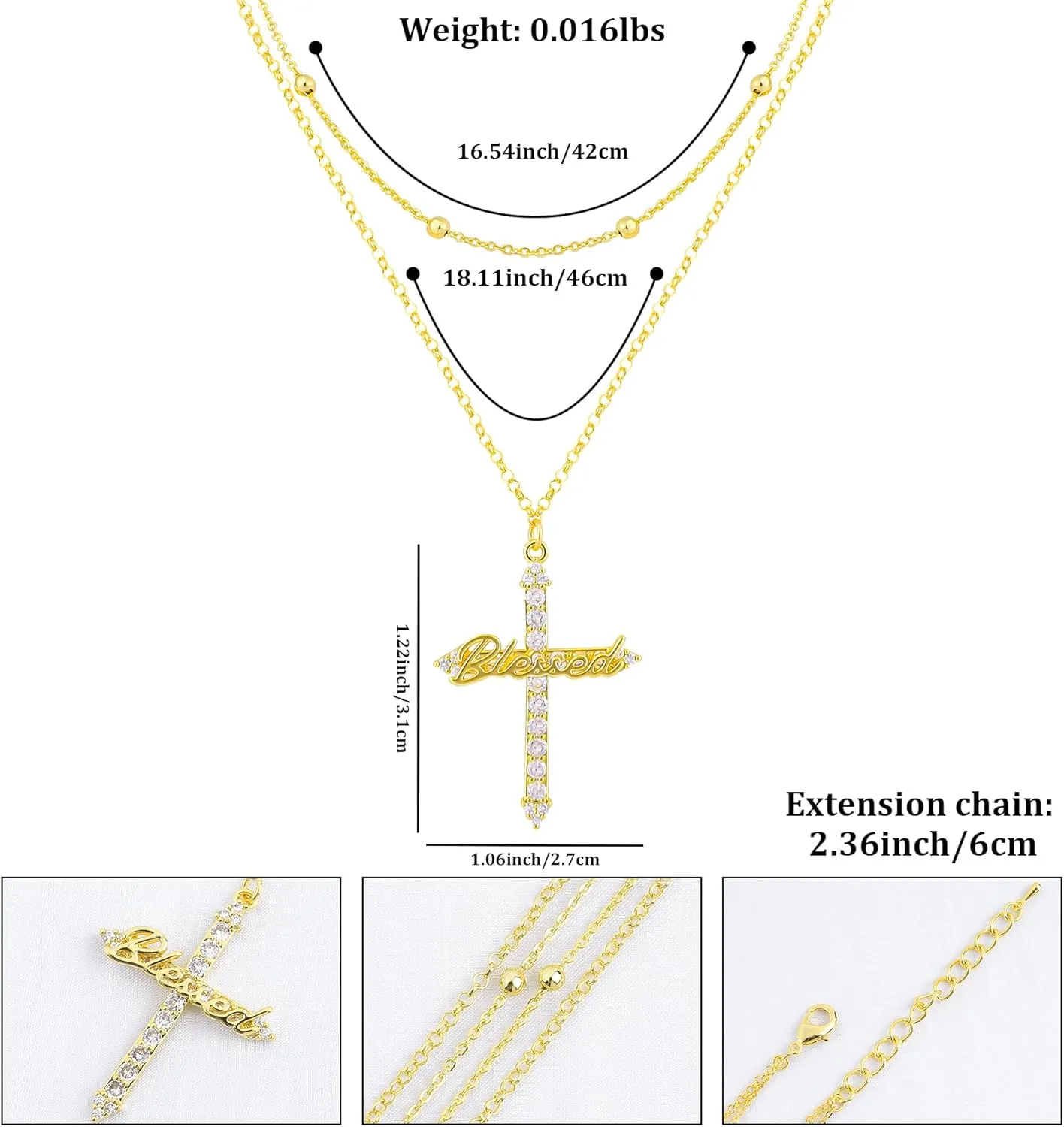 Layered Gold Charm Necklace for Women 14K Gold Plated Vintage Blessed Cross Wing Love Heart Butterfly Pendant Necklace Dainty Cubic Zirconia Cross Charm Choker Necklace Adjustable Trendy Jewelry Gift