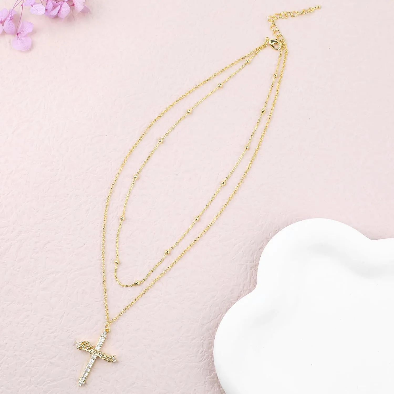 Layered Gold Charm Necklace for Women 14K Gold Plated Vintage Blessed Cross Wing Love Heart Butterfly Pendant Necklace Dainty Cubic Zirconia Cross Charm Choker Necklace Adjustable Trendy Jewelry Gift