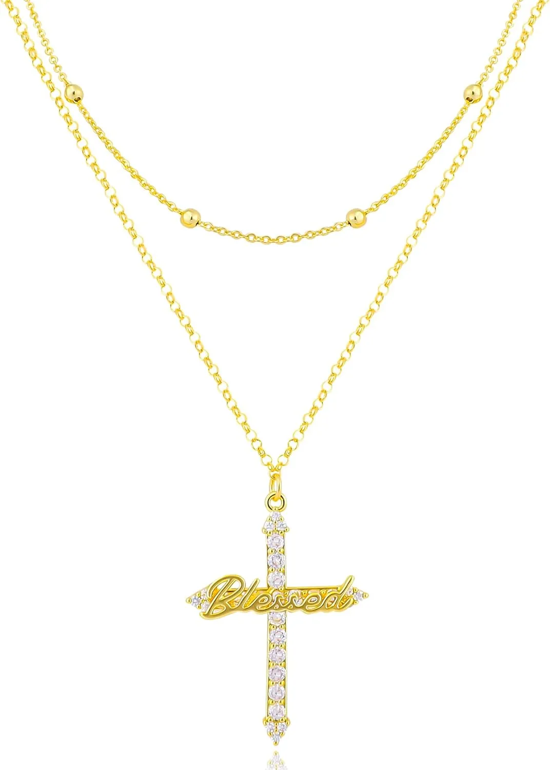 Layered Gold Charm Necklace for Women 14K Gold Plated Vintage Blessed Cross Wing Love Heart Butterfly Pendant Necklace Dainty Cubic Zirconia Cross Charm Choker Necklace Adjustable Trendy Jewelry Gift