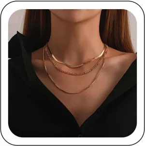 Layered Gold Choker Necklace Multilayer Snake Chain Collar Necklace Italian Box Link Chain Necklace Layering Flat Herringbone Necklace Hip Hop Jewelry for Women