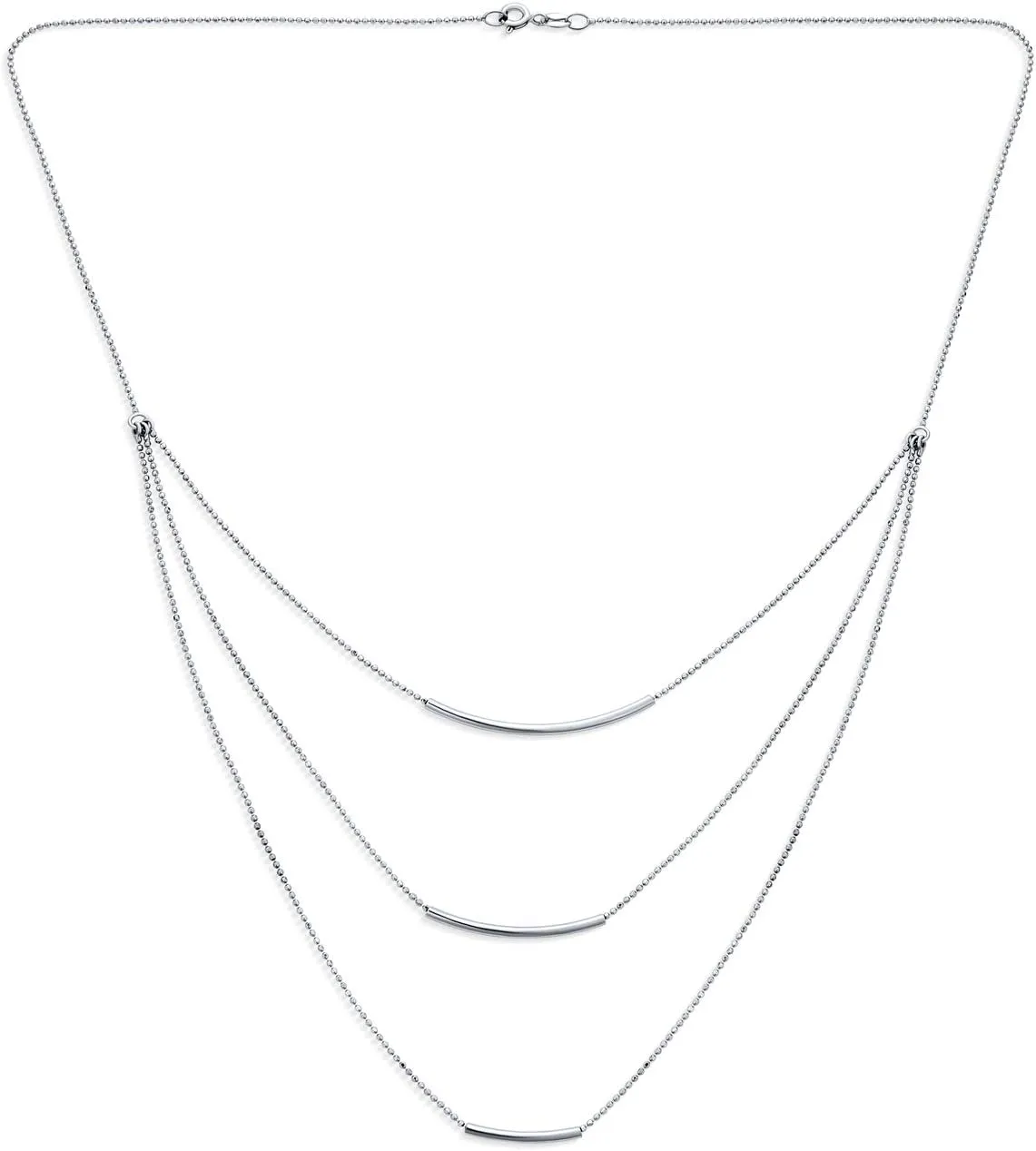 Layered Multi Three Strand Chain Curved Bar Necklace For Women .925 Sterling Silver