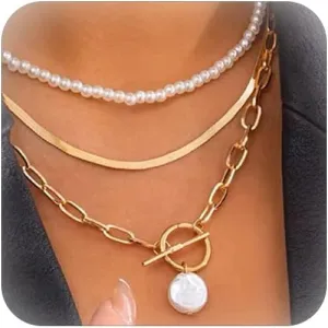 Layered Necklace for Women Pearl Necklace Gold Herringbone Necklace Hip-hop Collarbone Chain Necklace Jewelry Gift