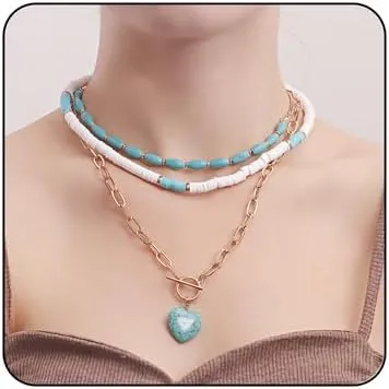 Layered Necklace for Women Trendy Gold Chain Clasp Toggle Paperclip Heart Pendant Necklace Bohemian Heishi Necklace Turquoise Choker Necklace Dainty Stacking Jewelry