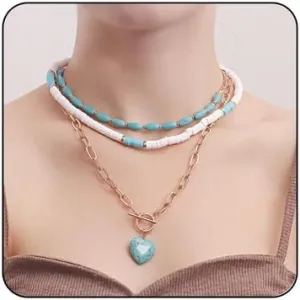 Layered Necklace for Women Trendy Gold Chain Clasp Toggle Paperclip Heart Pendant Necklace Bohemian Heishi Necklace Turquoise Choker Necklace Dainty Stacking Jewelry