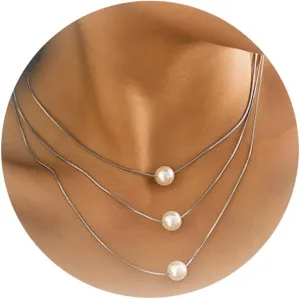 Layered Pearl Necklace for Women Silver Gold 3 Layers Pearl Pendant Necklace for Women Girls Women Trendy Stuff Under 5 Dollar Items for Teen GirlsAdjustable Pearl Necklace Jewelry Gift