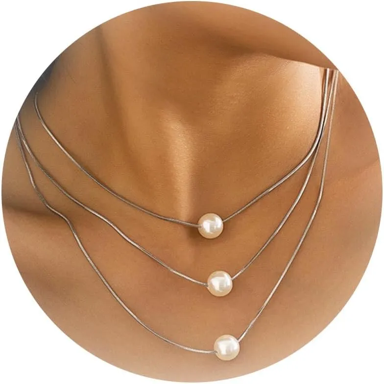Layered Pearl Necklace for Women Silver Gold 3 Layers Pearl Pendant Necklace for Women Girls Women Trendy Stuff Under 5 Dollar Items for Teen GirlsAdjustable Pearl Necklace Jewelry Gift