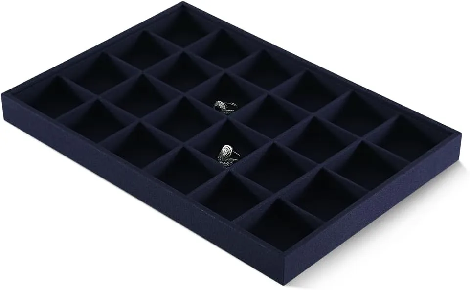 Linen 24 Grid Stackable Rings Earrings Display Tray, Brooch Ear Stud Cufflinks StorageTray, Jeweler Shop Counter Showcase Table Top Organizers, Makeup Table Drawer Insert Jewelry Tray
