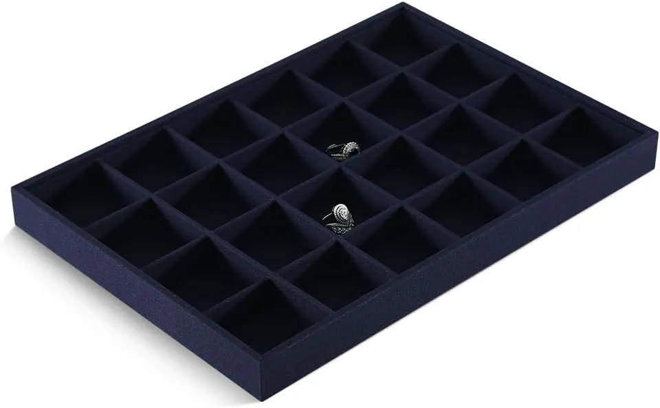 Linen 24 Grid Stackable Rings Earrings Display Tray, Brooch Ear Stud Cufflinks StorageTray, Jeweler Shop Counter Showcase Table Top Organizers, Makeup Table Drawer Insert Jewelry Tray