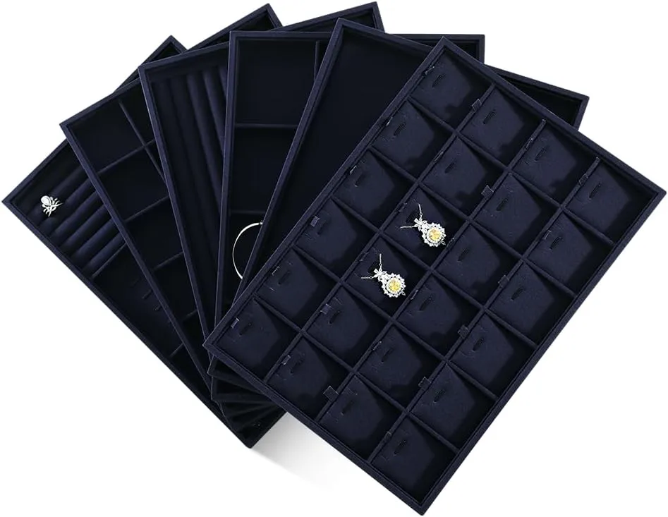 Linen 24 Grid Stackable Rings Earrings Display Tray, Brooch Ear Stud Cufflinks StorageTray, Jeweler Shop Counter Showcase Table Top Organizers, Makeup Table Drawer Insert Jewelry Tray