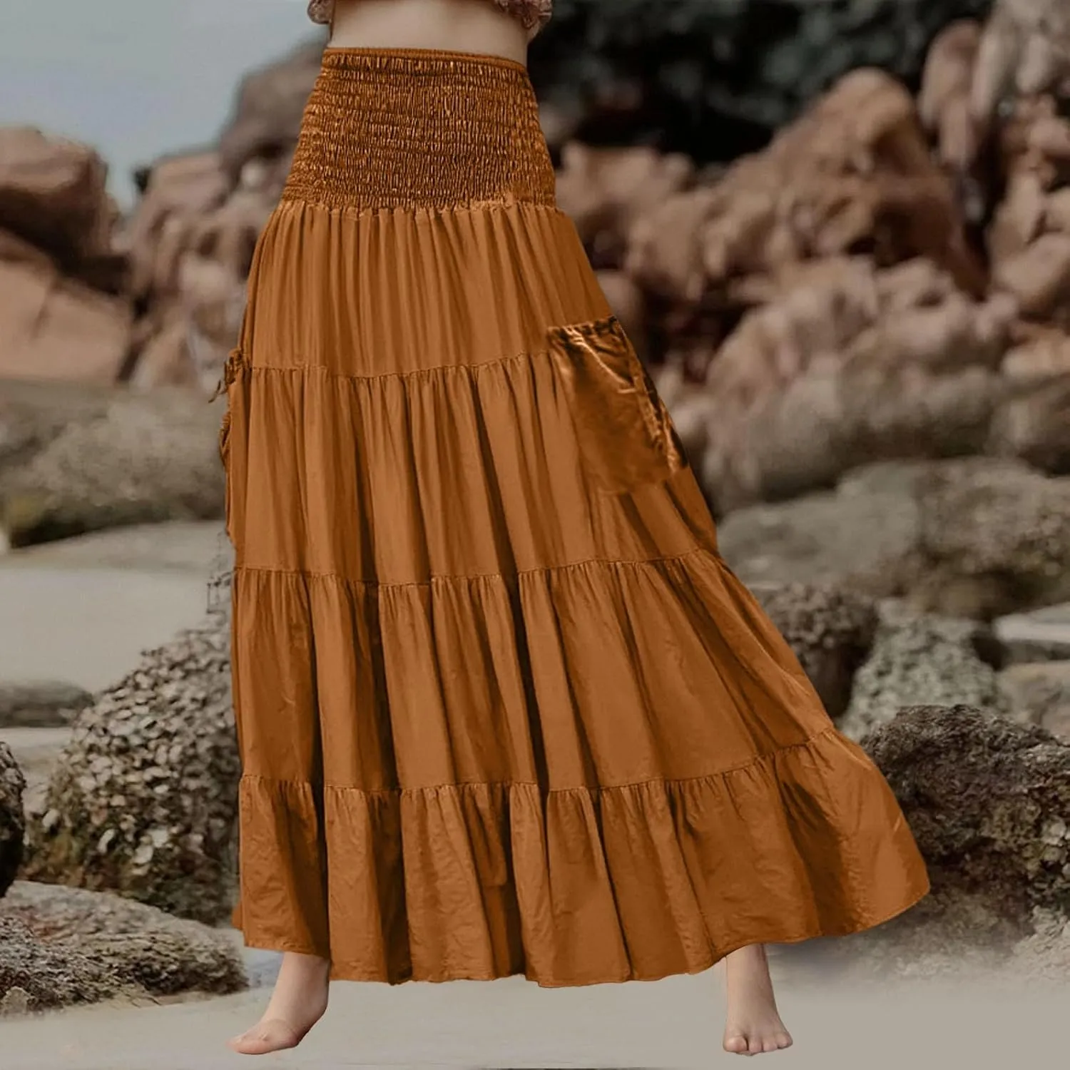 Linen Maxi Skirts for Women Flowy Skirt 2025 Boho Flowy Swing Tiered A-Line Elastic Waist Pleated Long Beach Dress