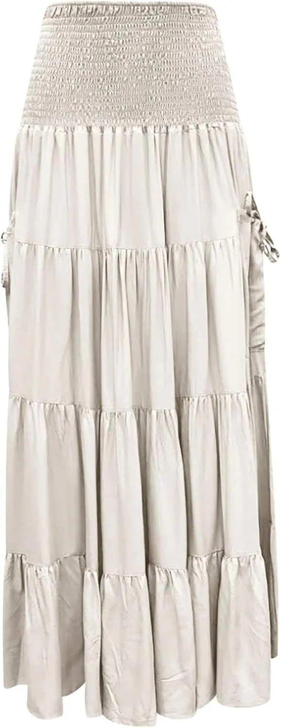 Linen Maxi Skirts for Women Flowy Skirt 2025 Boho Flowy Swing Tiered A-Line Elastic Waist Pleated Long Beach Dress