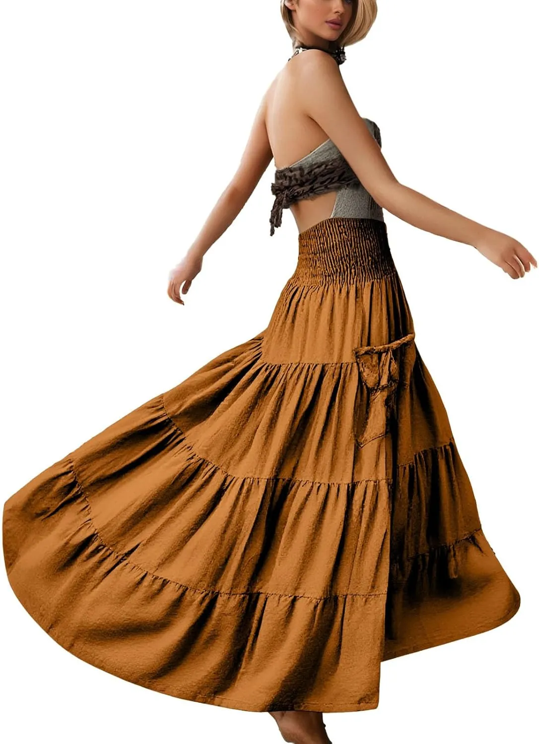 Linen Maxi Skirts for Women Flowy Skirt 2025 Boho Flowy Swing Tiered A-Line Elastic Waist Pleated Long Beach Dress
