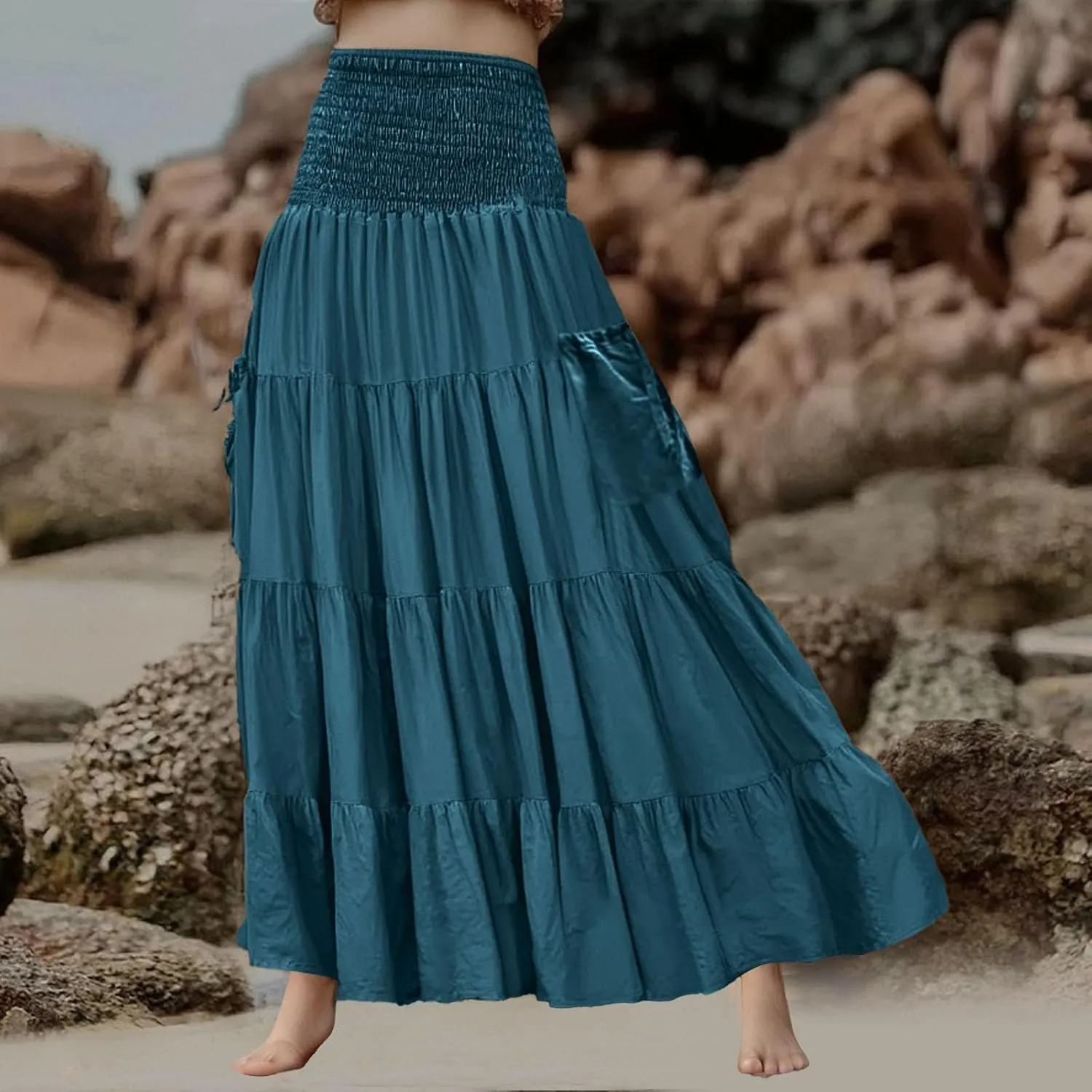 Linen Maxi Skirts for Women Flowy Skirt 2025 Boho Flowy Swing Tiered A-Line Elastic Waist Pleated Long Beach Dress