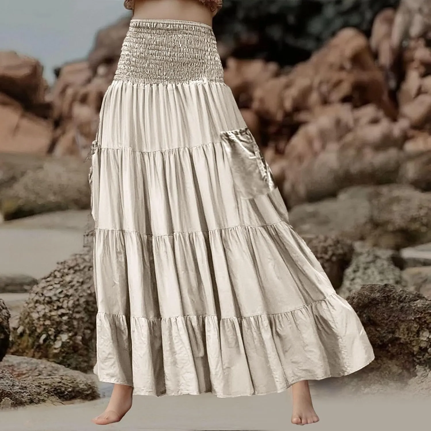 Linen Maxi Skirts for Women Flowy Skirt 2025 Boho Flowy Swing Tiered A-Line Elastic Waist Pleated Long Beach Dress
